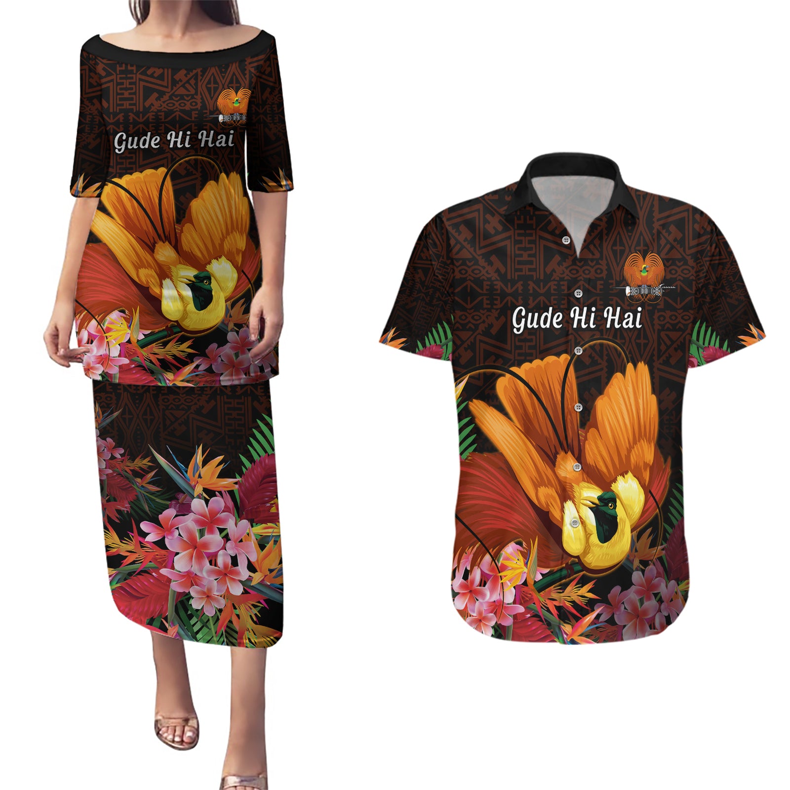 Gude Hi Hai Papua New Guinea Couples Matching Puletasi and Hawaiian Shirt Motuan PNG Raggiana Bird of Paradise Tropical Vibes LT14 Black - Polynesian Pride