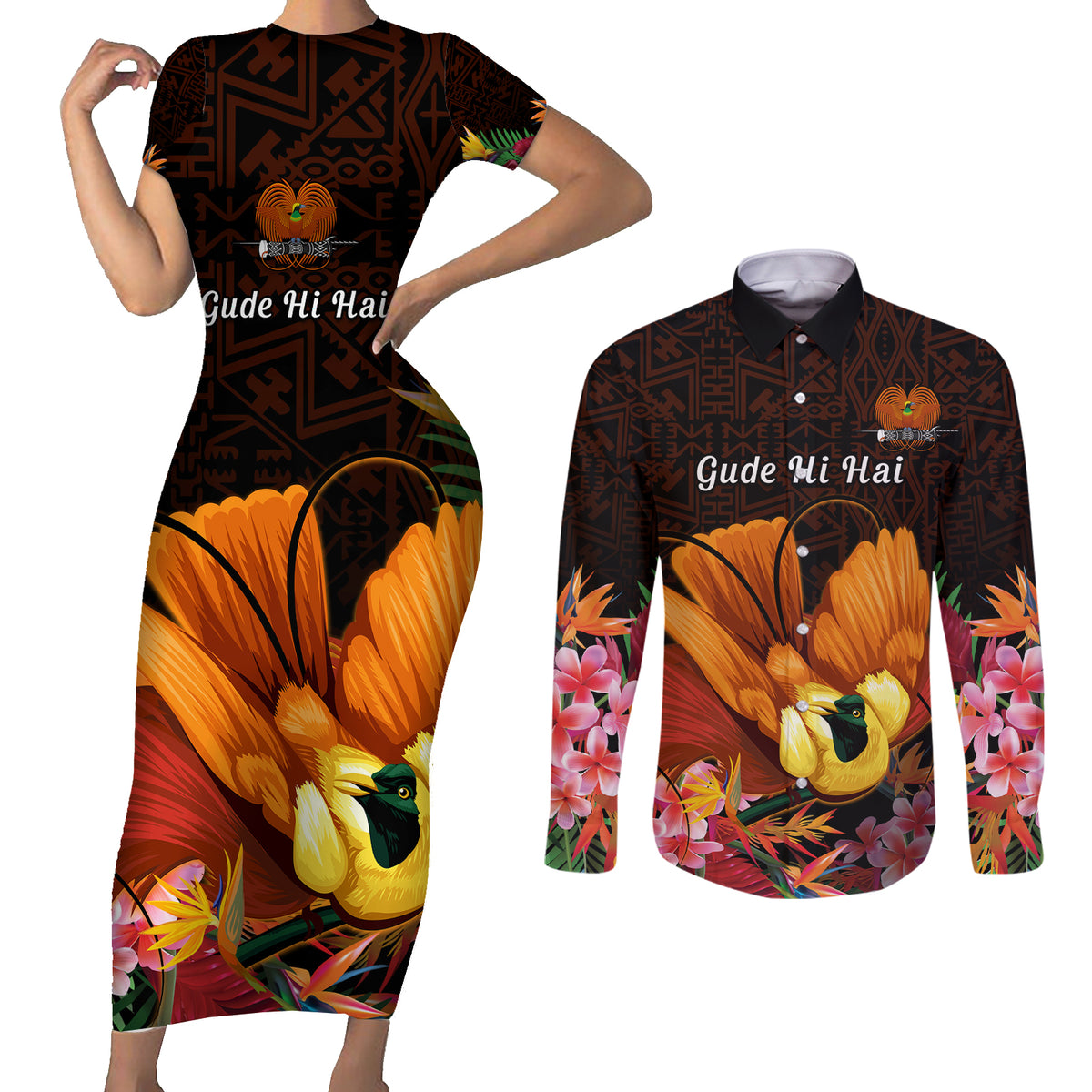 Gude Hi Hai Papua New Guinea Couples Matching Short Sleeve Bodycon Dress and Long Sleeve Button Shirt Motuan PNG Raggiana Bird of Paradise Tropical Vibes LT14 Black - Polynesian Pride