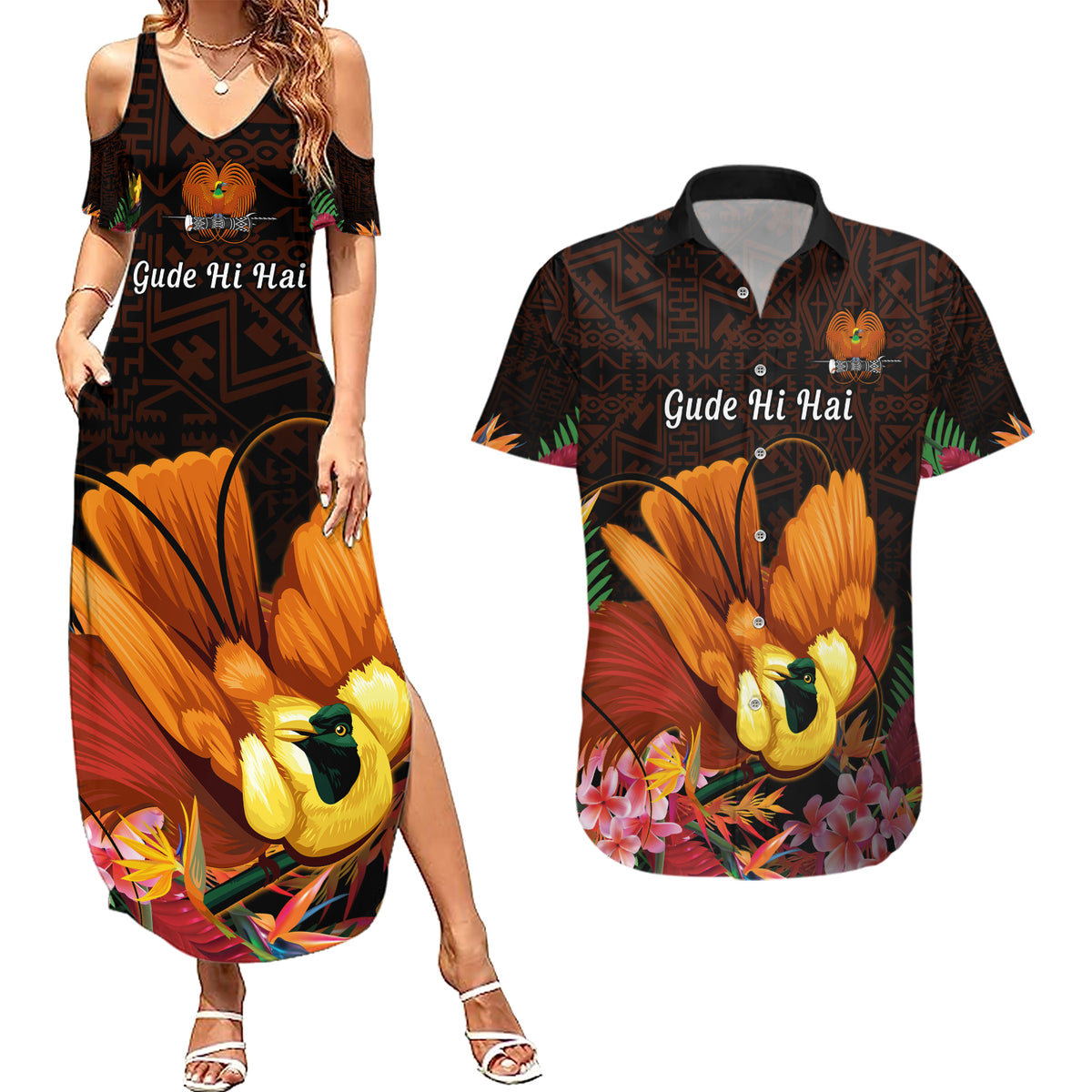 Gude Hi Hai Papua New Guinea Couples Matching Summer Maxi Dress and Hawaiian Shirt Motuan PNG Raggiana Bird of Paradise Tropical Vibes LT14 Black - Polynesian Pride