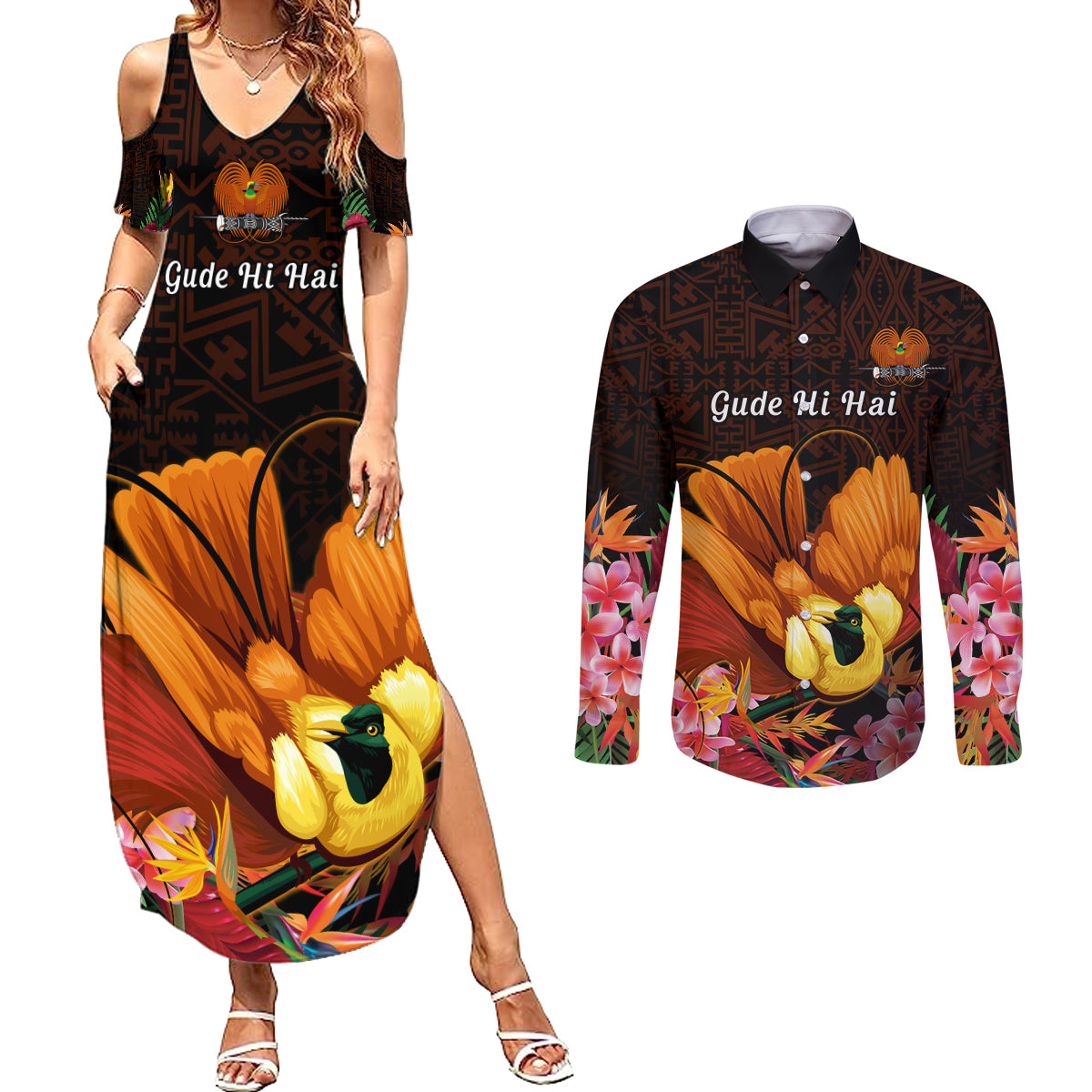 Gude Hi Hai Papua New Guinea Couples Matching Summer Maxi Dress and Long Sleeve Button Shirt Motuan PNG Raggiana Bird of Paradise Tropical Vibes LT14 Black - Polynesian Pride