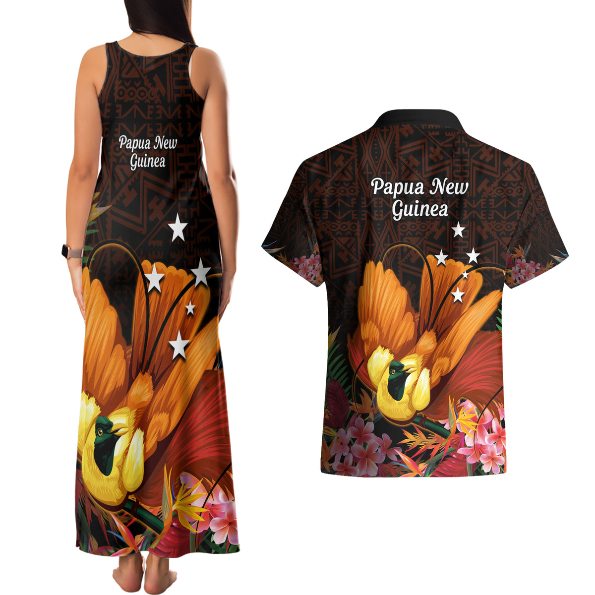 Gude Hi Hai Papua New Guinea Couples Matching Tank Maxi Dress and Hawaiian Shirt Motuan PNG Raggiana Bird of Paradise Tropical Vibes LT14 - Polynesian Pride