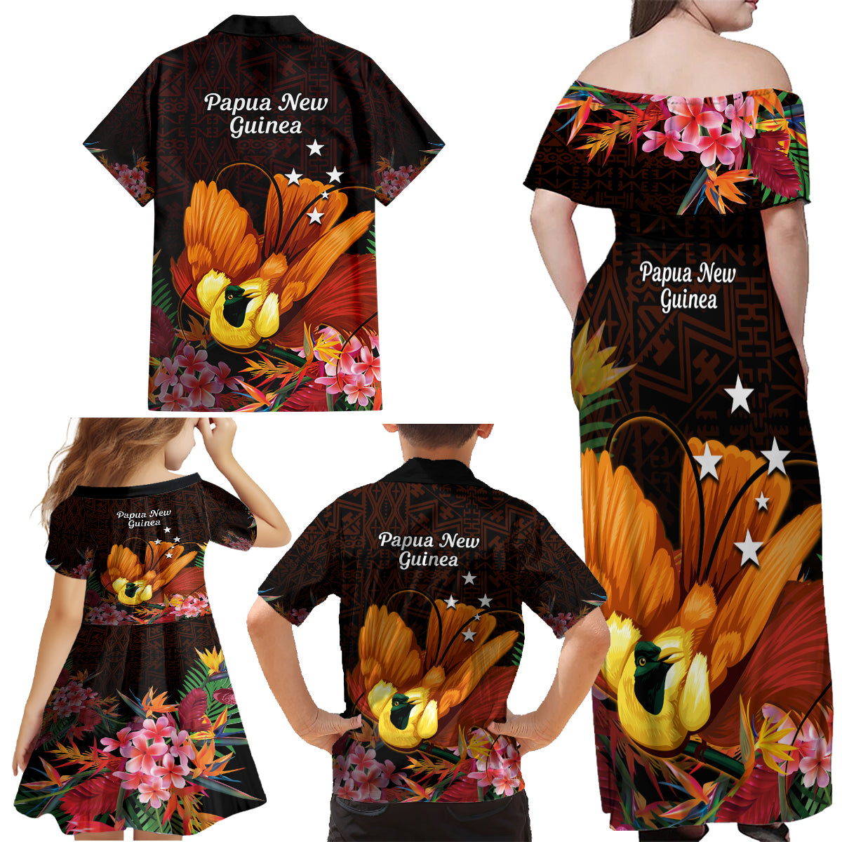 Gude Hi Hai Papua New Guinea Family Matching Off Shoulder Maxi Dress and Hawaiian Shirt Motuan PNG Raggiana Bird of Paradise Tropical Vibes LT14 - Polynesian Pride