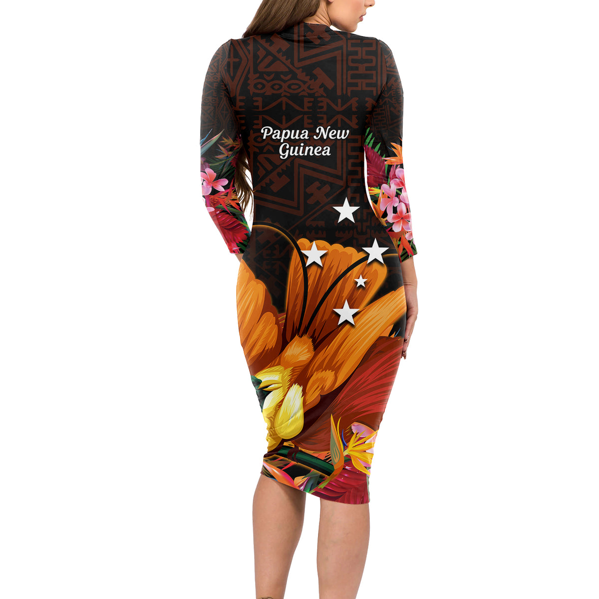 Gude Hi Hai Papua New Guinea Long Sleeve Bodycon Dress Motuan PNG Raggiana Bird of Paradise Tropical Vibes LT14 - Polynesian Pride