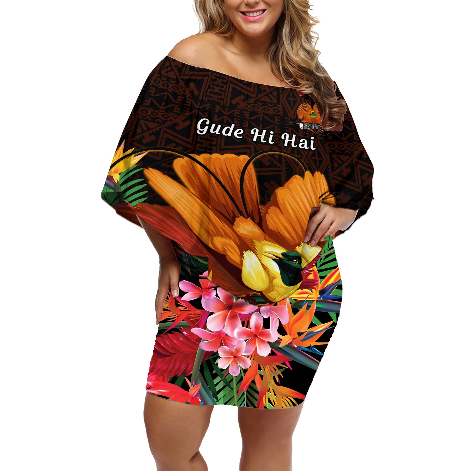 Gude Hi Hai Papua New Guinea Off Shoulder Short Dress Motuan PNG Raggiana Bird of Paradise Tropical Vibes LT14 Women Black - Polynesian Pride