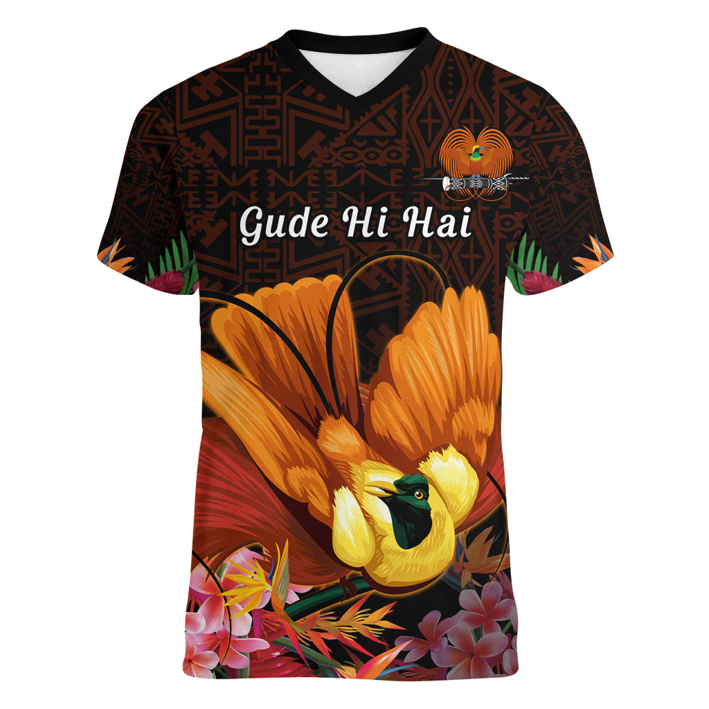 Gude Hi Hai Papua New Guinea Women V Neck T Shirt Motuan PNG Raggiana Bird of Paradise Tropical Vibes LT14 Female Black - Polynesian Pride