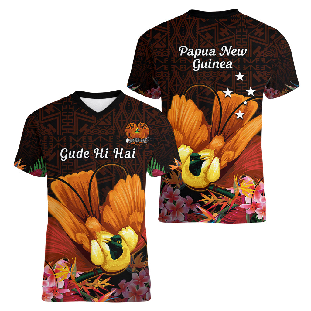 Gude Hi Hai Papua New Guinea Women V Neck T Shirt Motuan PNG Raggiana Bird of Paradise Tropical Vibes LT14 - Polynesian Pride