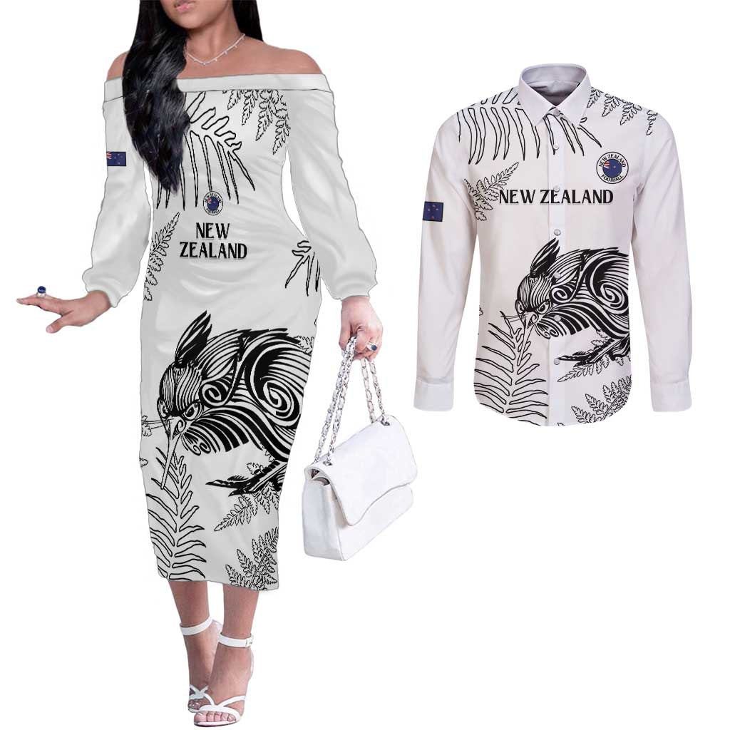 Custom New Zealand Kiwi Football Couples Matching Off The Shoulder Long Sleeve Dress and Long Sleeve Button Shirt Aotearoa Silver Fern LT14 White - Polynesian Pride