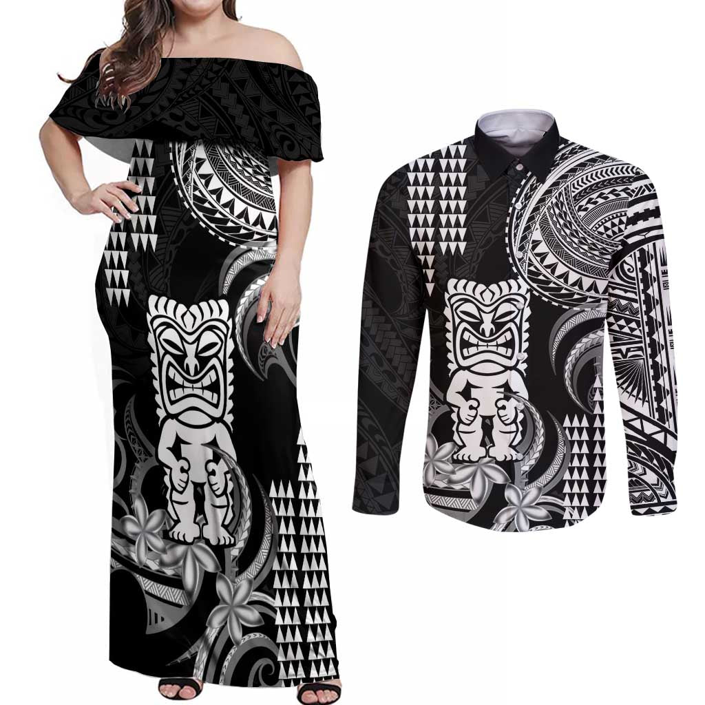Hawaii Ku God Couples Matching Off Shoulder Maxi Dress and Long Sleeve Button Shirt Kakau Mix Polynesian Tattoo