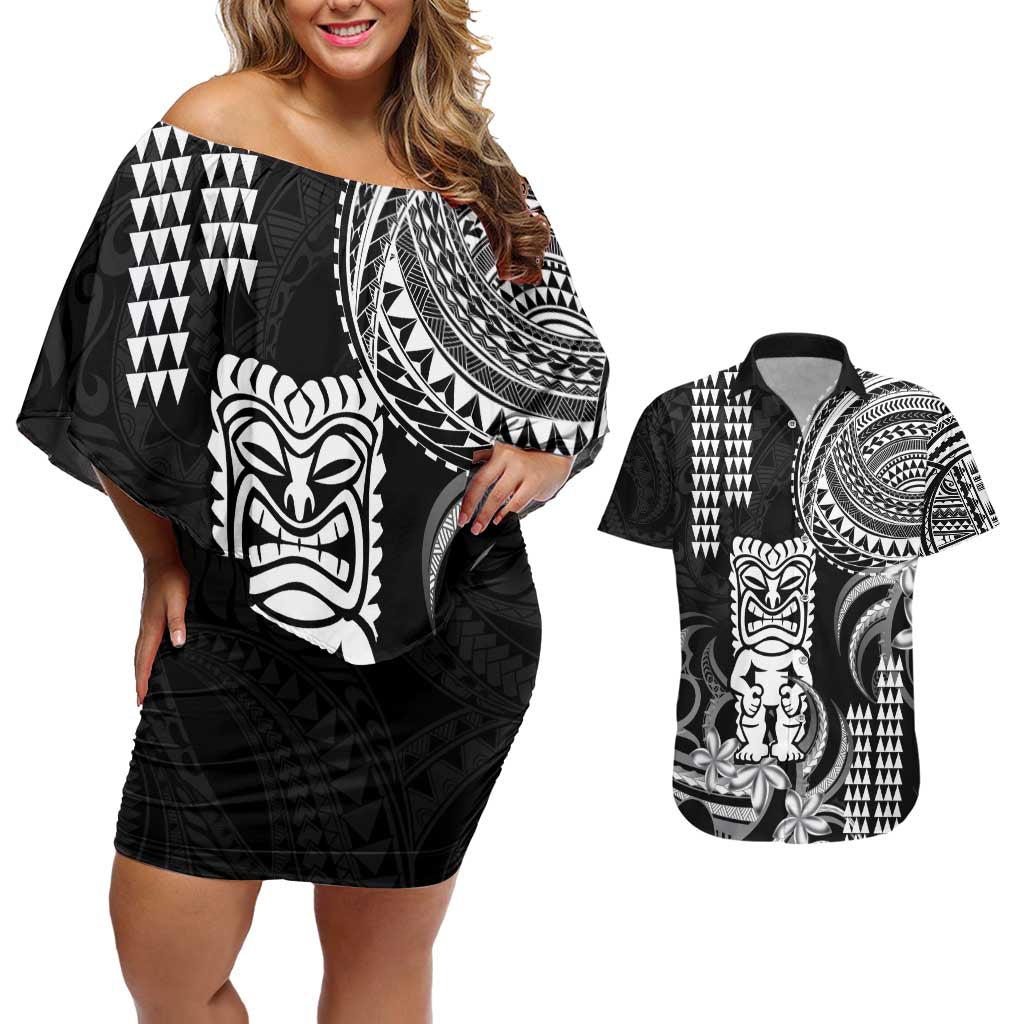 Hawaii Ku God Couples Matching Off Shoulder Short Dress and Hawaiian Shirt Kakau Mix Polynesian Tattoo