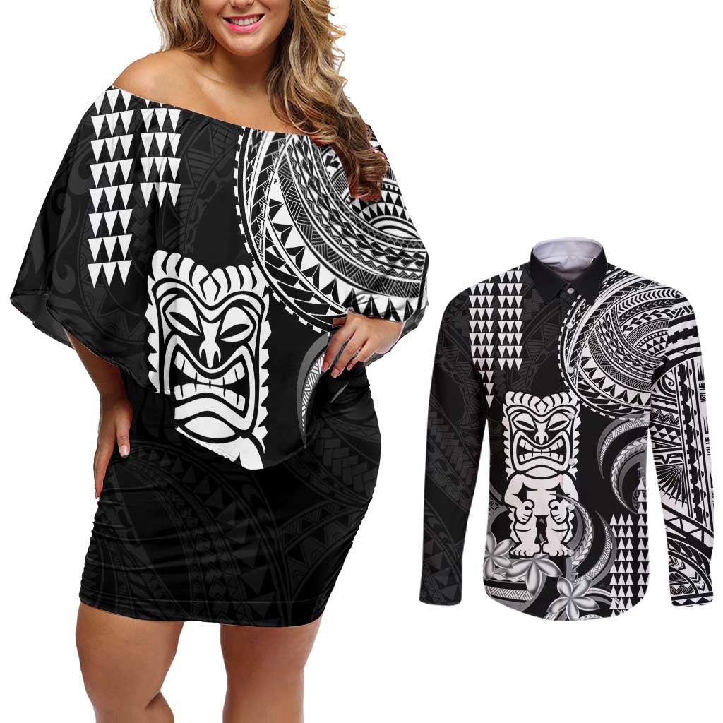 Hawaii Ku God Couples Matching Off Shoulder Short Dress and Long Sleeve Button Shirt Kakau Mix Polynesian Tattoo