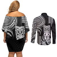 Hawaii Ku God Couples Matching Off Shoulder Short Dress and Long Sleeve Button Shirt Kakau Mix Polynesian Tattoo