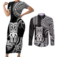 Hawaii Ku God Couples Matching Short Sleeve Bodycon Dress and Long Sleeve Button Shirt Kakau Mix Polynesian Tattoo