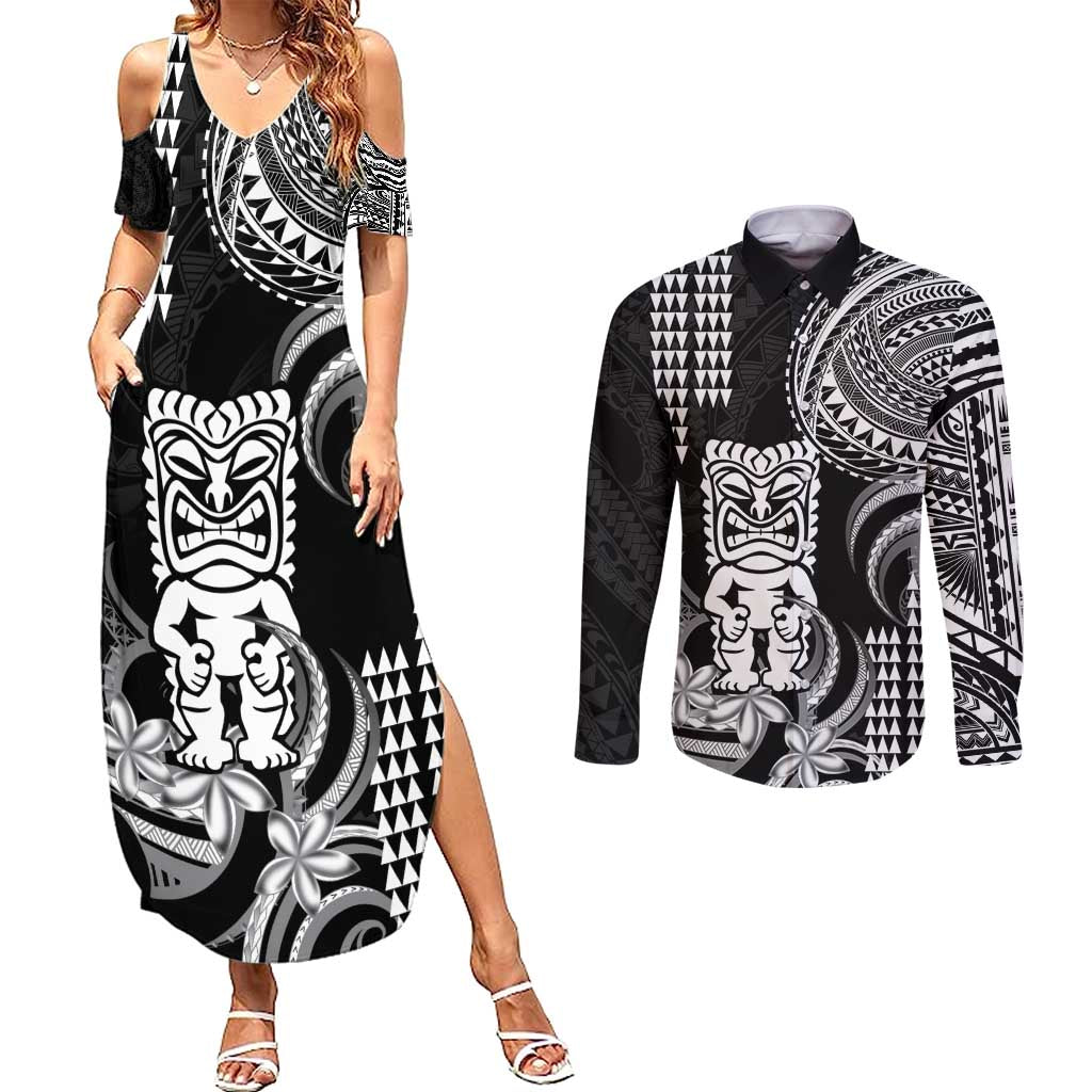 Hawaii Ku God Couples Matching Summer Maxi Dress and Long Sleeve Button Shirt Kakau Mix Polynesian Tattoo