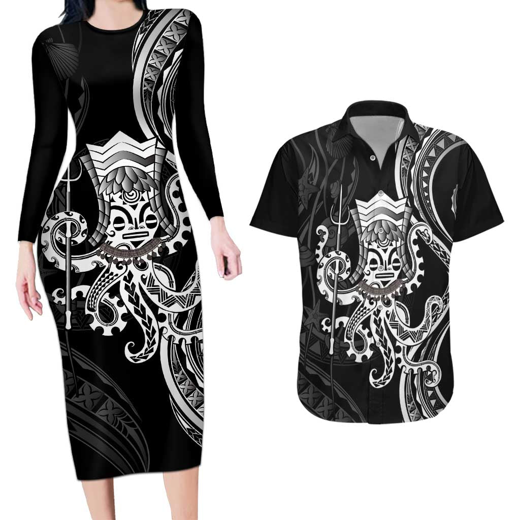 Black Hawaii Kanaloa God Couples Matching Long Sleeve Bodycon Dress and Hawaiian Shirt Hawaiian Octopus