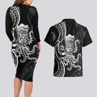 Black Hawaii Kanaloa God Couples Matching Long Sleeve Bodycon Dress and Hawaiian Shirt Hawaiian Octopus