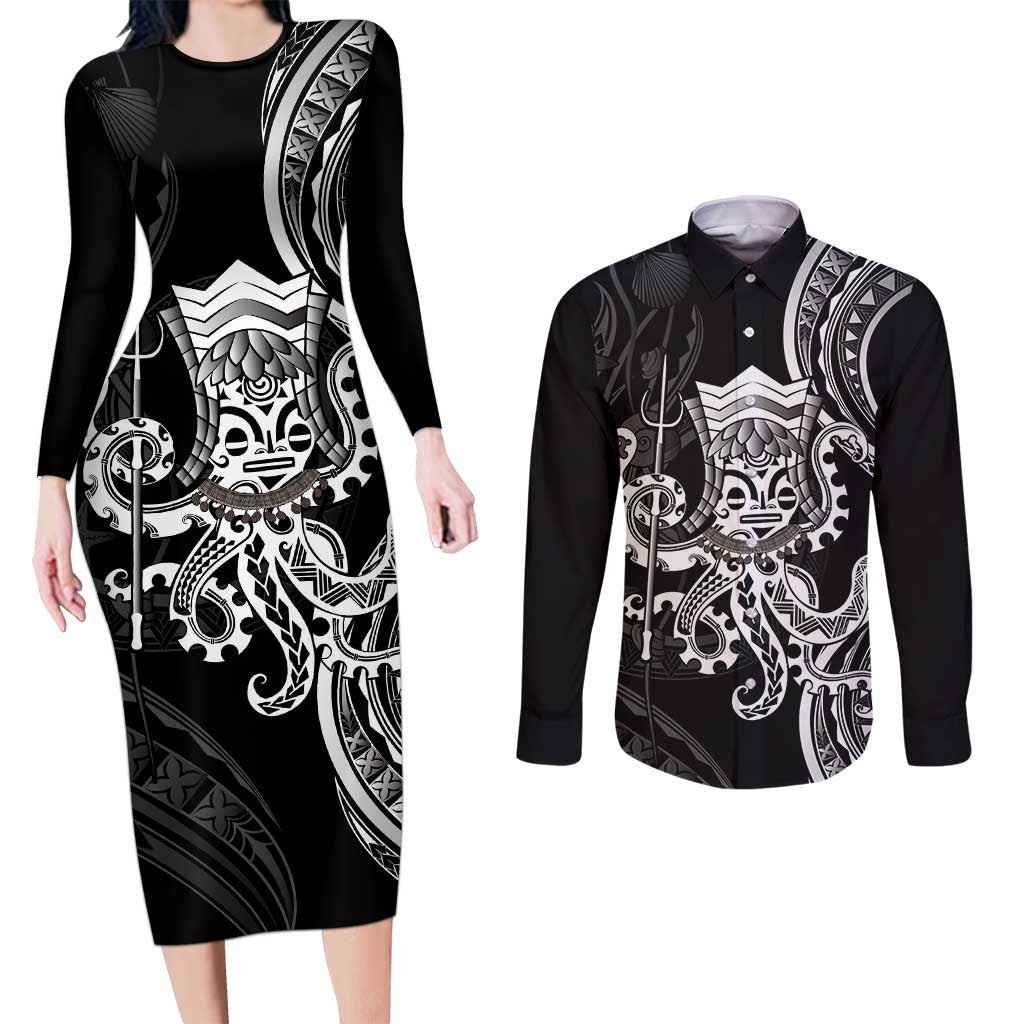 Black Hawaii Kanaloa God Couples Matching Long Sleeve Bodycon Dress and Long Sleeve Button Shirt Hawaiian Octopus