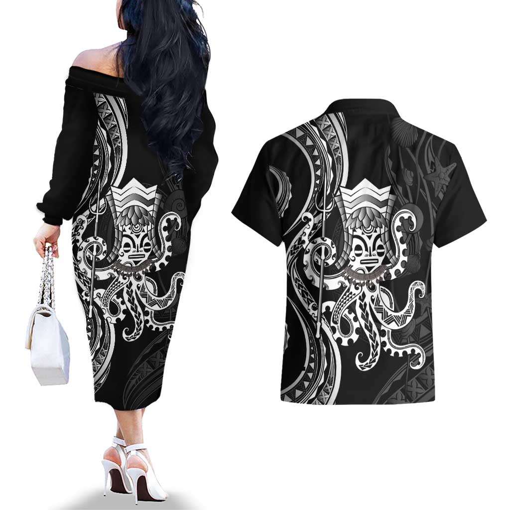 Black Hawaii Kanaloa God Couples Matching Off The Shoulder Long Sleeve Dress and Hawaiian Shirt Hawaiian Octopus