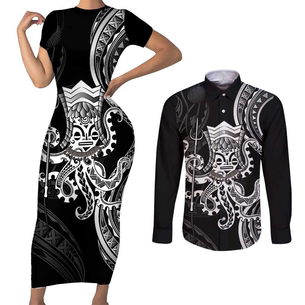 Black Hawaii Kanaloa God Couples Matching Short Sleeve Bodycon Dress and Long Sleeve Button Shirt Hawaiian Octopus