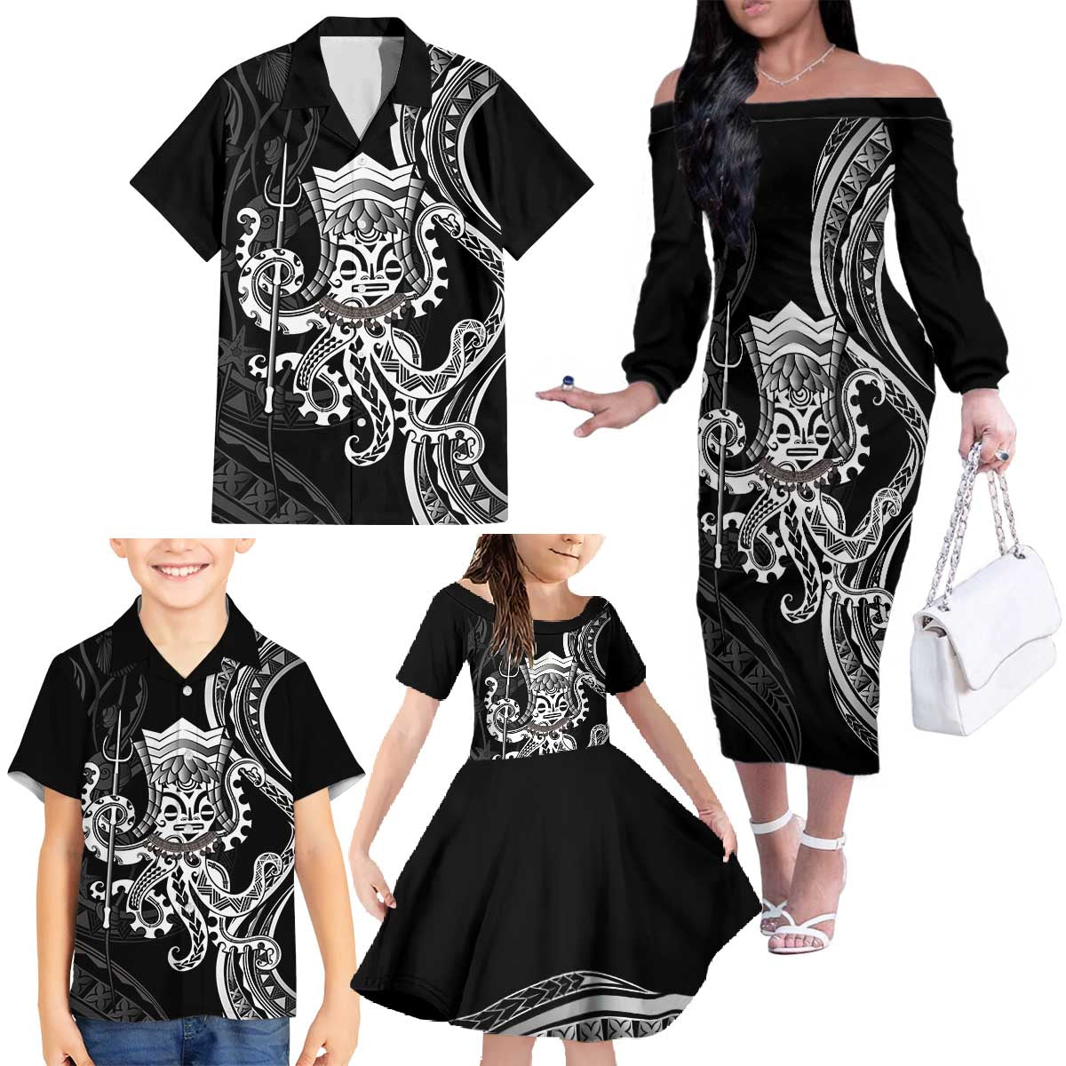 Black Hawaii Kanaloa God Family Matching Off The Shoulder Long Sleeve Dress and Hawaiian Shirt Hawaiian Octopus