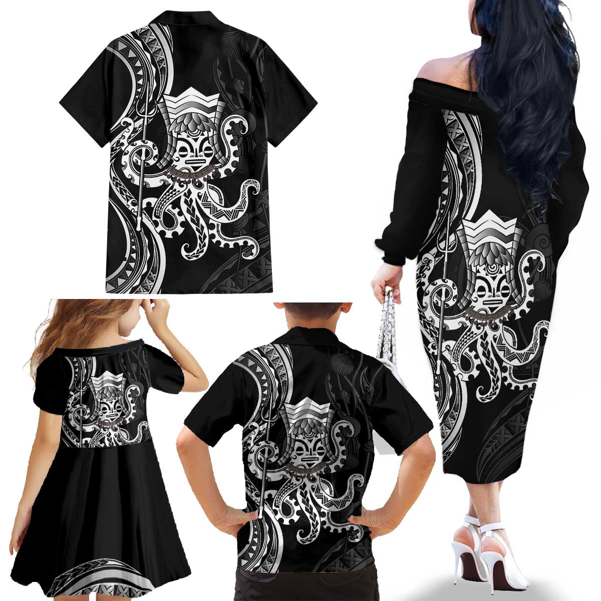 Black Hawaii Kanaloa God Family Matching Off The Shoulder Long Sleeve Dress and Hawaiian Shirt Hawaiian Octopus