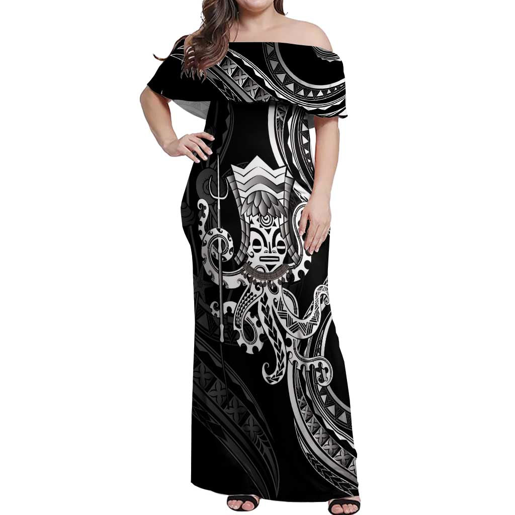 Black Hawaii Kanaloa God Off Shoulder Maxi Dress Hawaiian Octopus