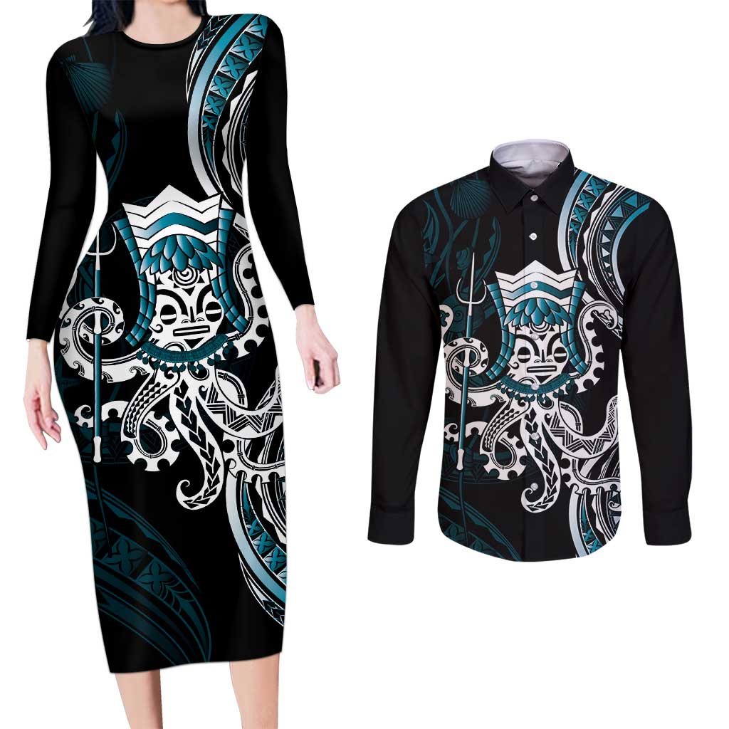 Turquoise Hawaii Kanaloa God Couples Matching Long Sleeve Bodycon Dress and Long Sleeve Button Shirt Hawaiian Octopus