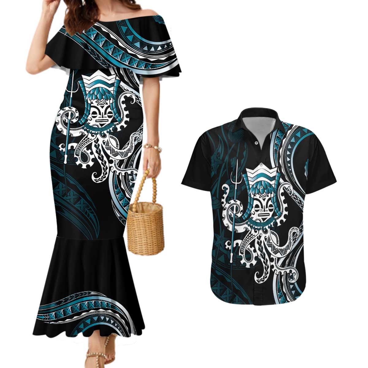 Turquoise Hawaii Kanaloa God Couples Matching Mermaid Dress and Hawaiian Shirt Hawaiian Octopus