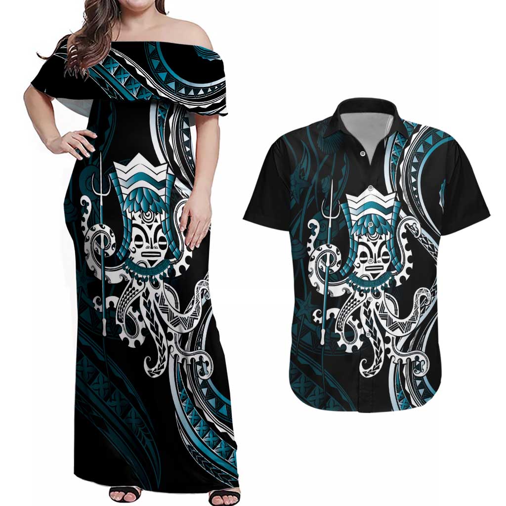 Turquoise Hawaii Kanaloa God Couples Matching Off Shoulder Maxi Dress and Hawaiian Shirt Hawaiian Octopus