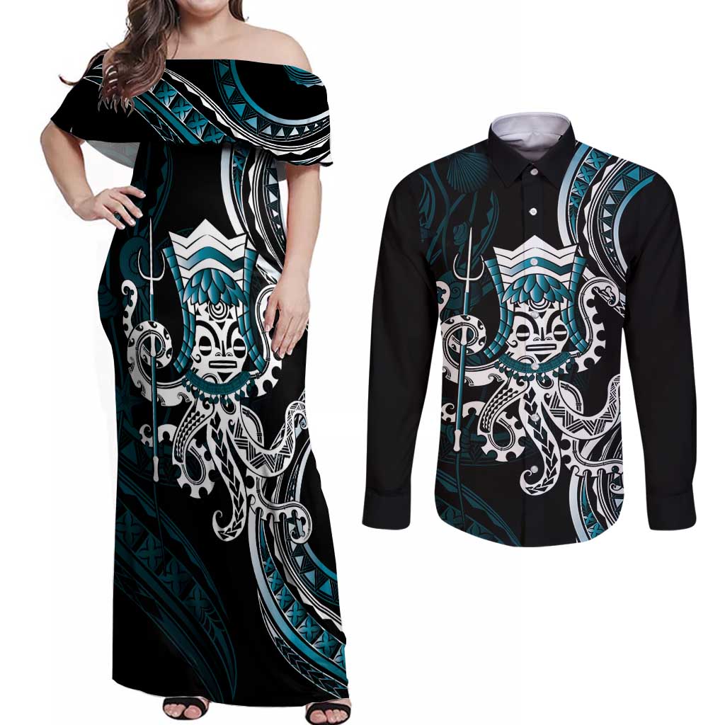 Turquoise Hawaii Kanaloa God Couples Matching Off Shoulder Maxi Dress and Long Sleeve Button Shirt Hawaiian Octopus