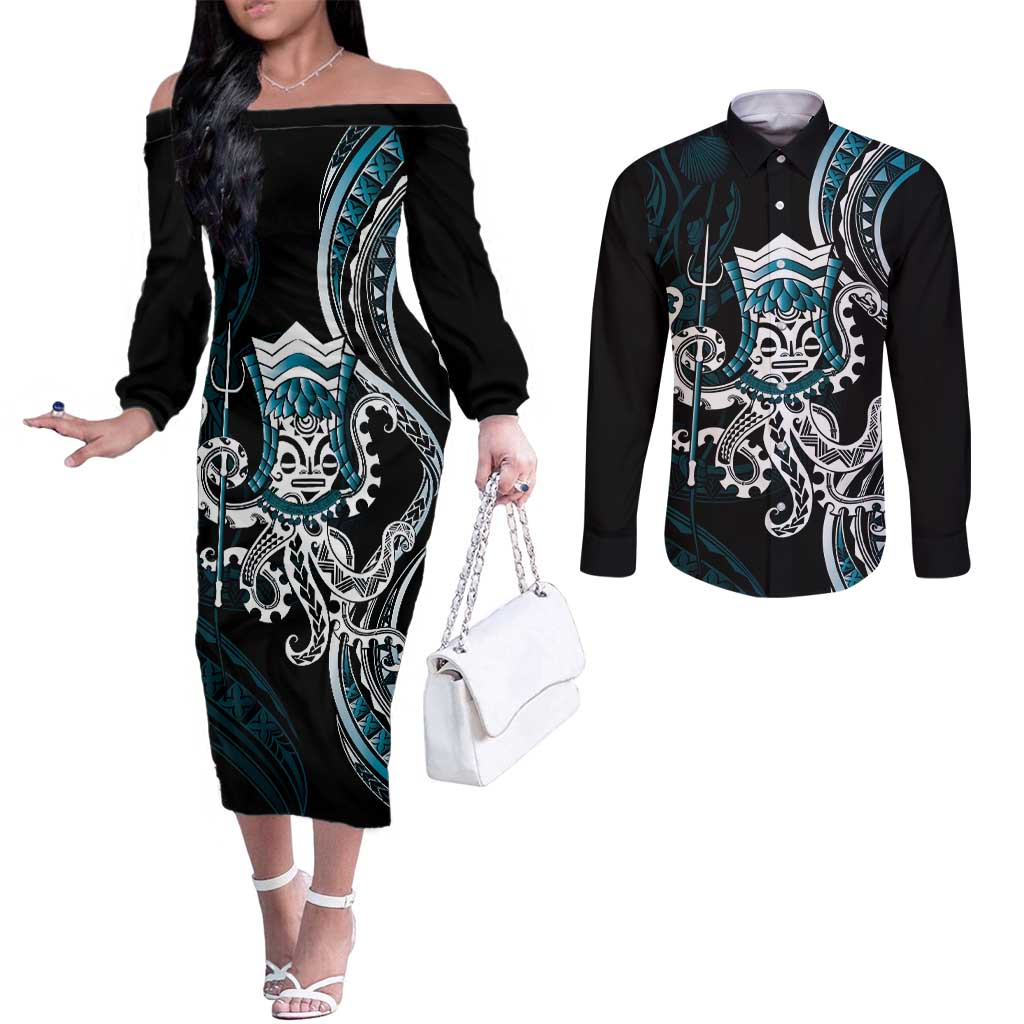 Turquoise Hawaii Kanaloa God Couples Matching Off The Shoulder Long Sleeve Dress and Long Sleeve Button Shirt Hawaiian Octopus