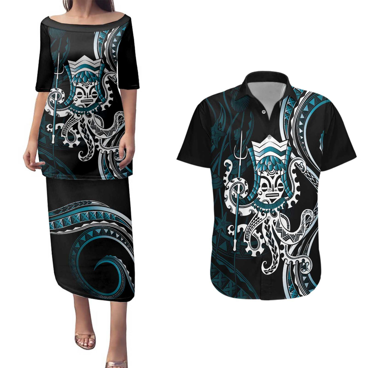 Turquoise Hawaii Kanaloa God Couples Matching Puletasi and Hawaiian Shirt Hawaiian Octopus