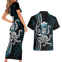 Turquoise Hawaii Kanaloa God Couples Matching Short Sleeve Bodycon Dress and Hawaiian Shirt Hawaiian Octopus
