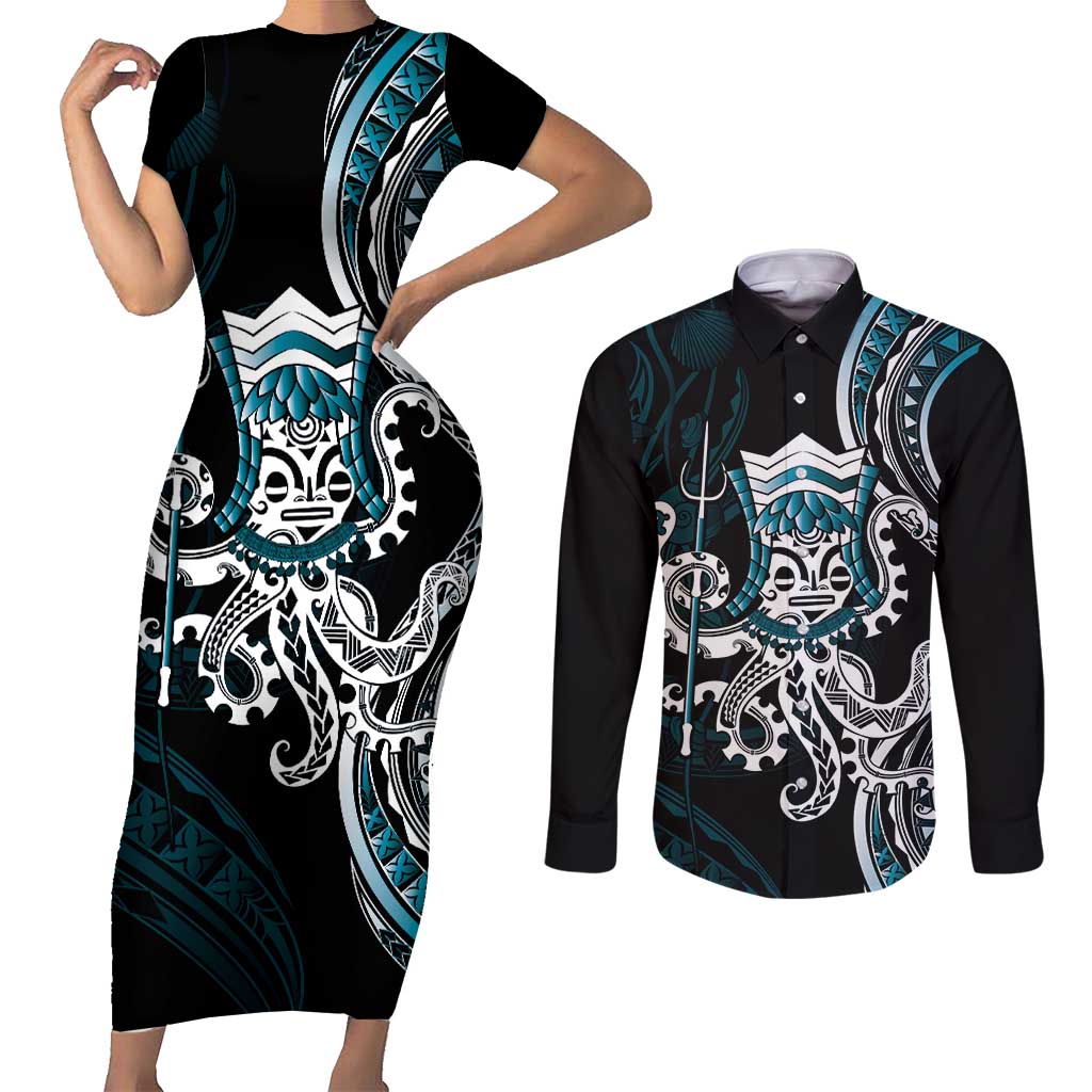 Turquoise Hawaii Kanaloa God Couples Matching Short Sleeve Bodycon Dress and Long Sleeve Button Shirt Hawaiian Octopus