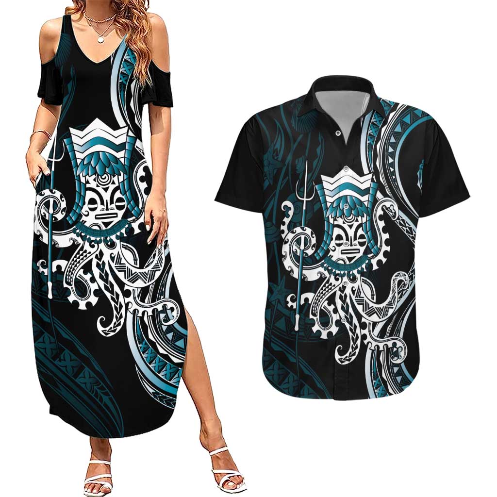 Turquoise Hawaii Kanaloa God Couples Matching Summer Maxi Dress and Hawaiian Shirt Hawaiian Octopus