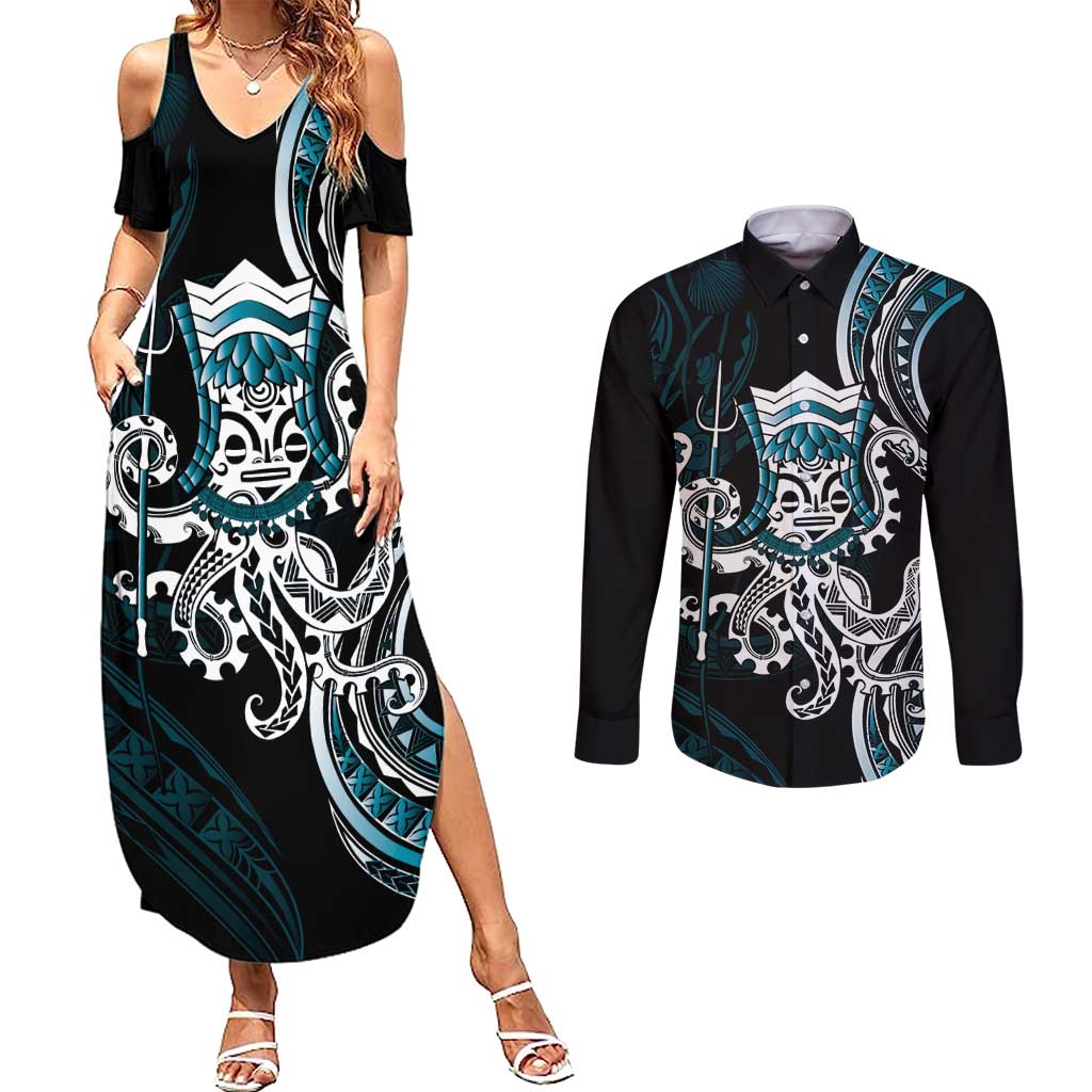 Turquoise Hawaii Kanaloa God Couples Matching Summer Maxi Dress and Long Sleeve Button Shirt Hawaiian Octopus