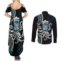 Turquoise Hawaii Kanaloa God Couples Matching Summer Maxi Dress and Long Sleeve Button Shirt Hawaiian Octopus