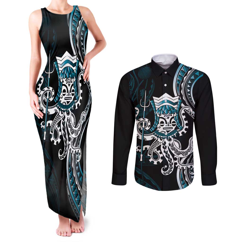 Turquoise Hawaii Kanaloa God Couples Matching Tank Maxi Dress and Long Sleeve Button Shirt Hawaiian Octopus