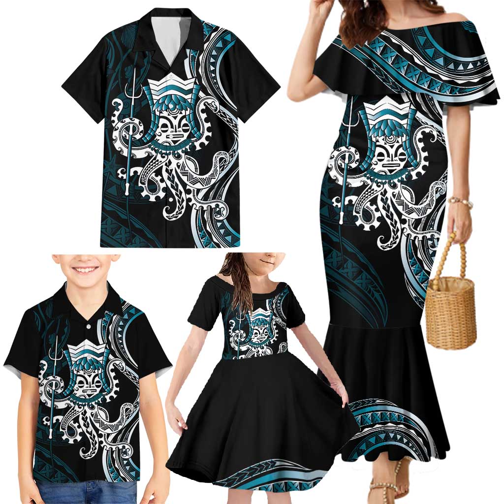 Turquoise Hawaii Kanaloa God Family Matching Mermaid Dress and Hawaiian Shirt Hawaiian Octopus