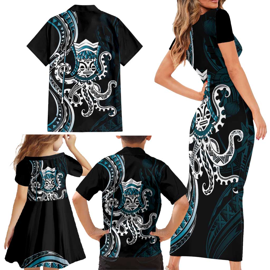 Turquoise Hawaii Kanaloa God Family Matching Short Sleeve Bodycon Dress and Hawaiian Shirt Hawaiian Octopus