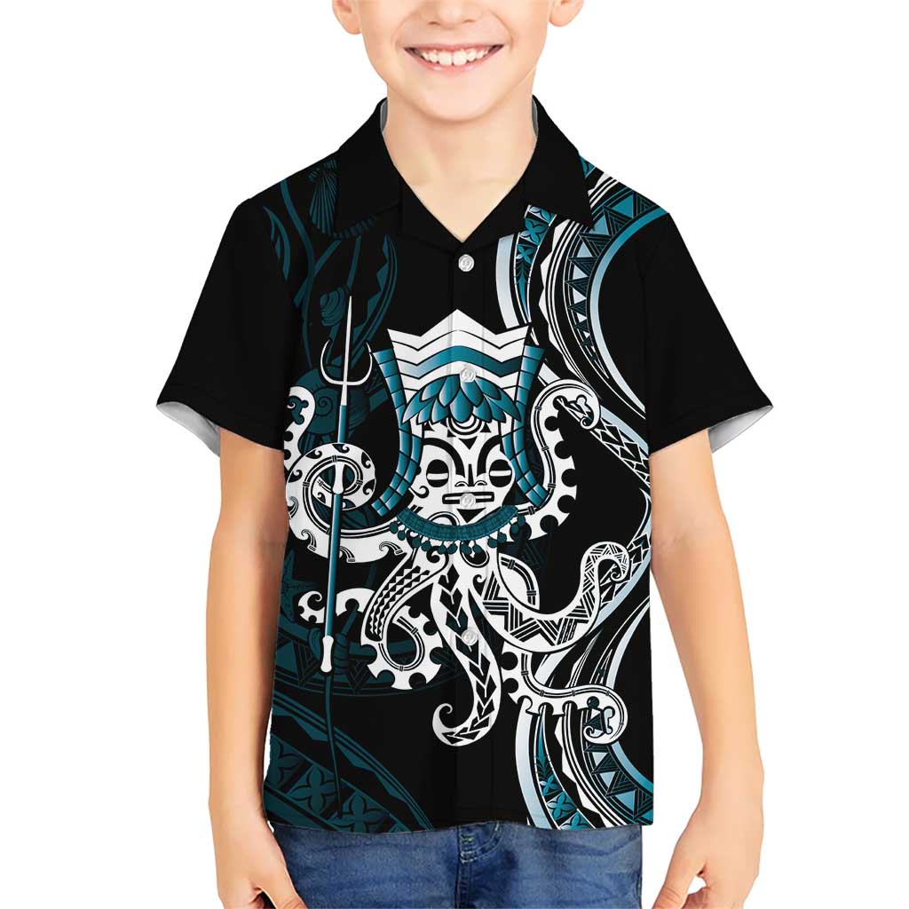 Turquoise Hawaii Kanaloa God Family Matching Short Sleeve Bodycon Dress and Hawaiian Shirt Hawaiian Octopus