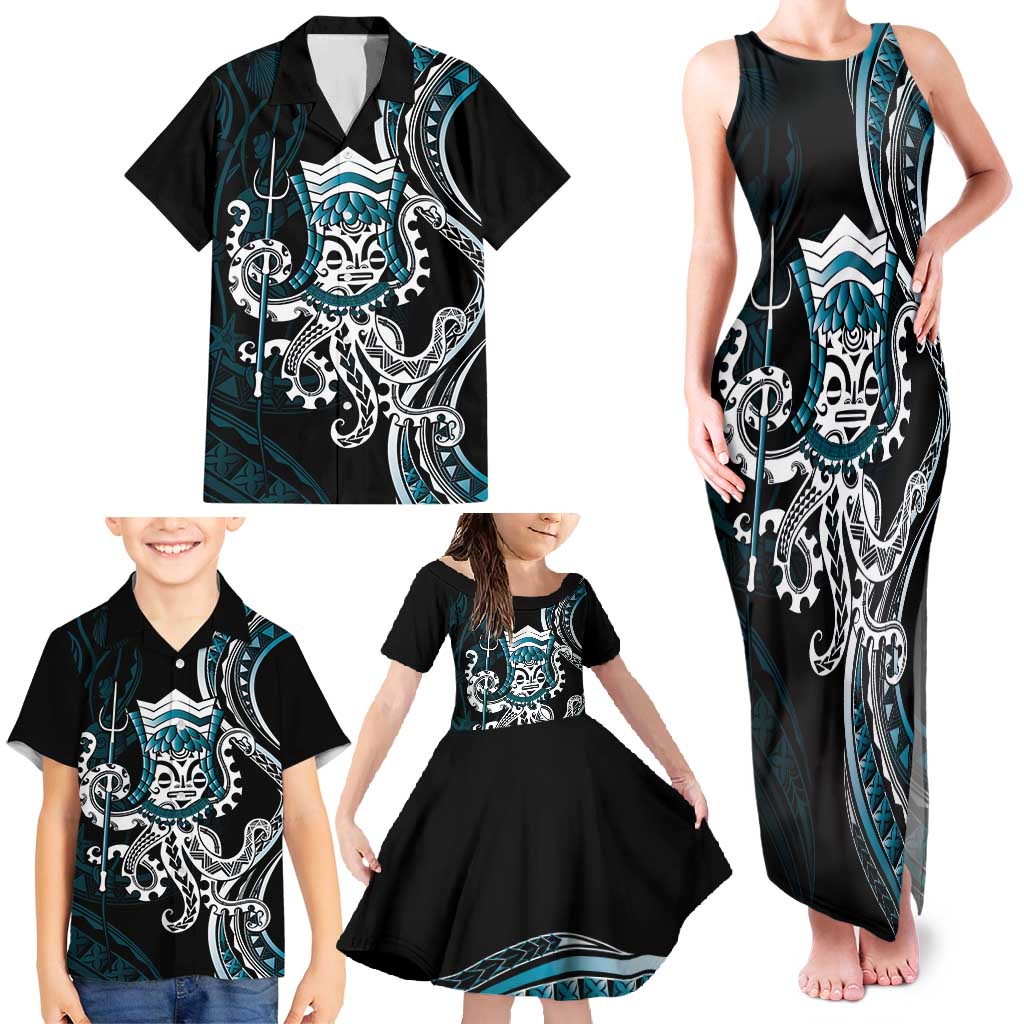 Turquoise Hawaii Kanaloa God Family Matching Tank Maxi Dress and Hawaiian Shirt Hawaiian Octopus