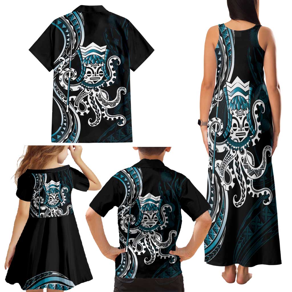 Turquoise Hawaii Kanaloa God Family Matching Tank Maxi Dress and Hawaiian Shirt Hawaiian Octopus