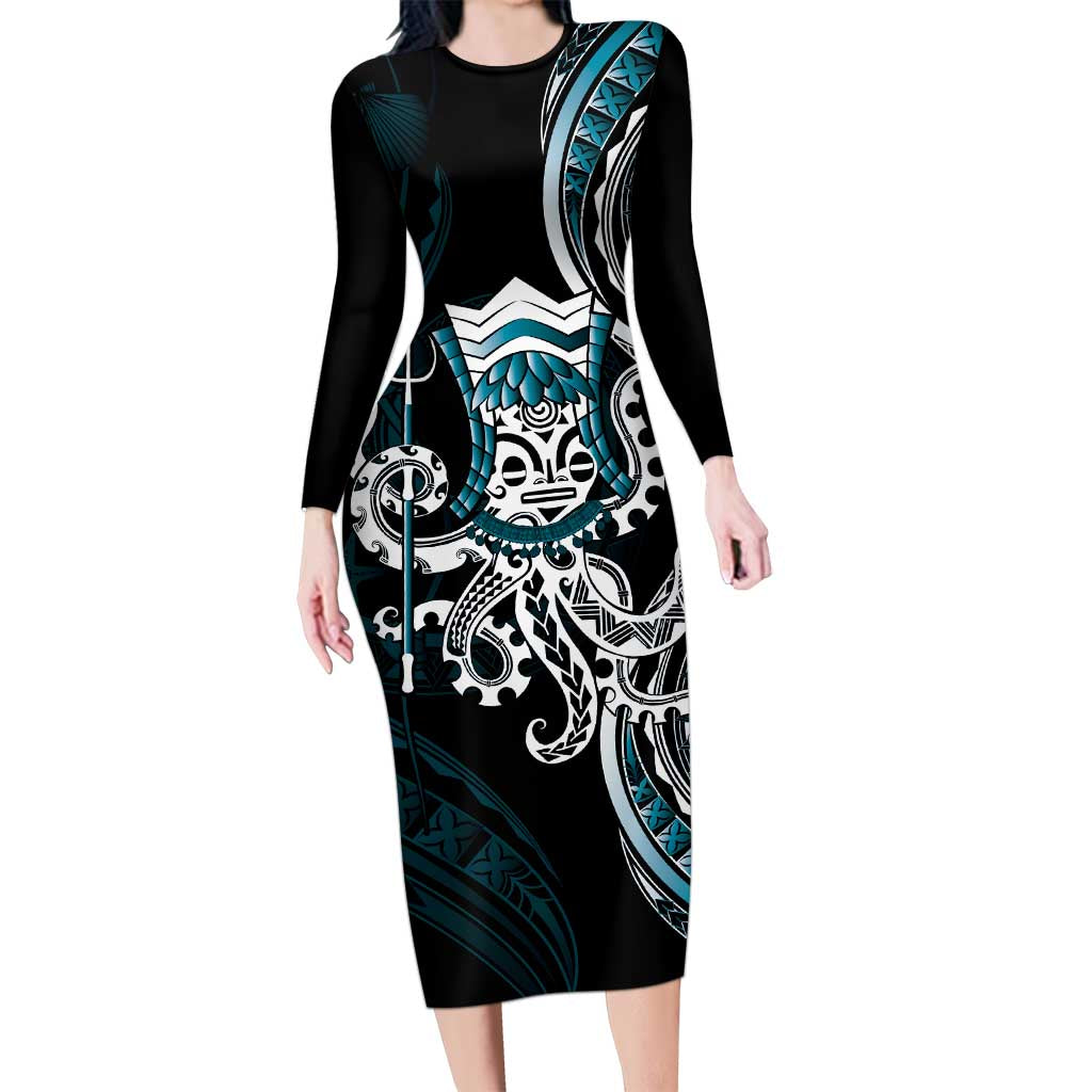 Turquoise Hawaii Kanaloa God Long Sleeve Bodycon Dress Hawaiian Octopus