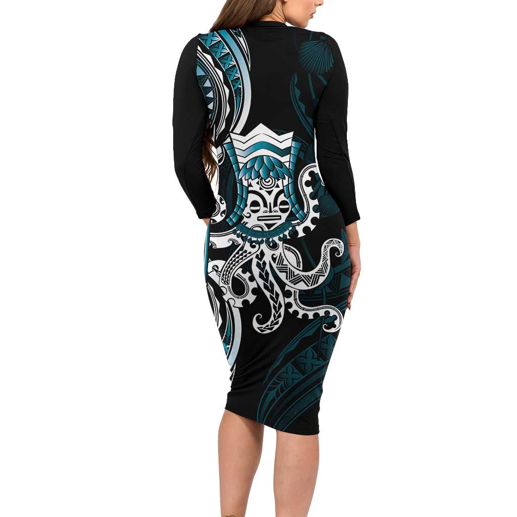 Turquoise Hawaii Kanaloa God Long Sleeve Bodycon Dress Hawaiian Octopus