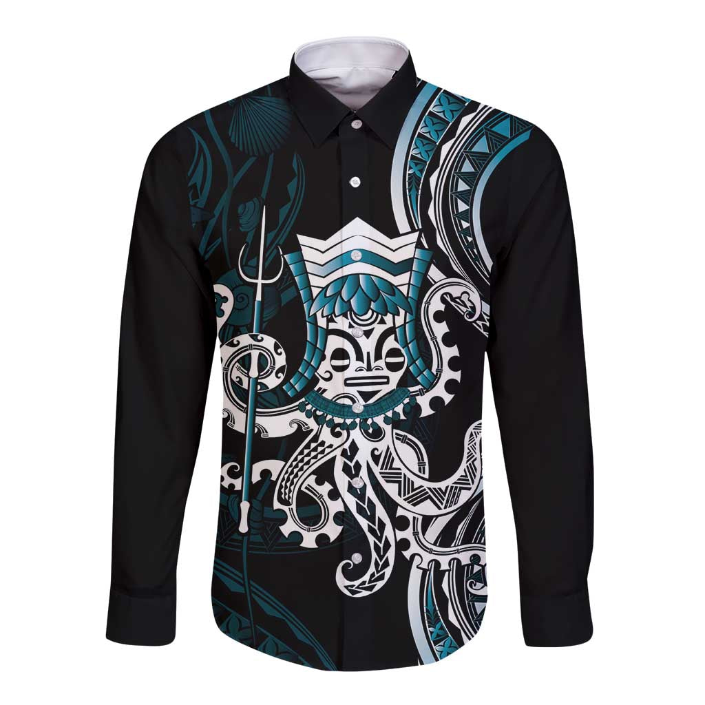 Turquoise Hawaii Kanaloa God Long Sleeve Button Shirt Hawaiian Octopus