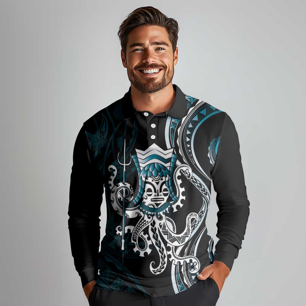 Turquoise Hawaii Kanaloa God Long Sleeve Polo Shirt Hawaiian Octopus