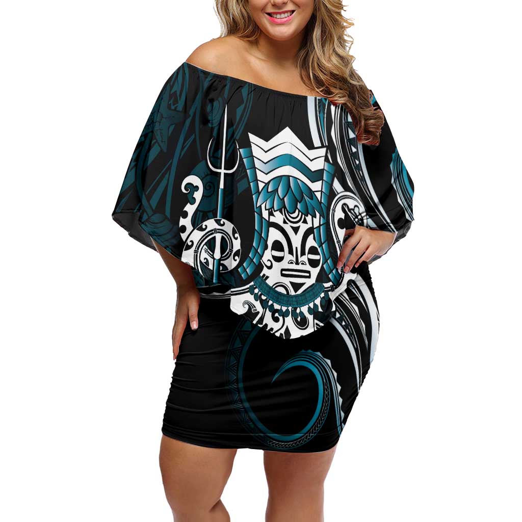 Turquoise Hawaii Kanaloa God Off Shoulder Short Dress Hawaiian Octopus