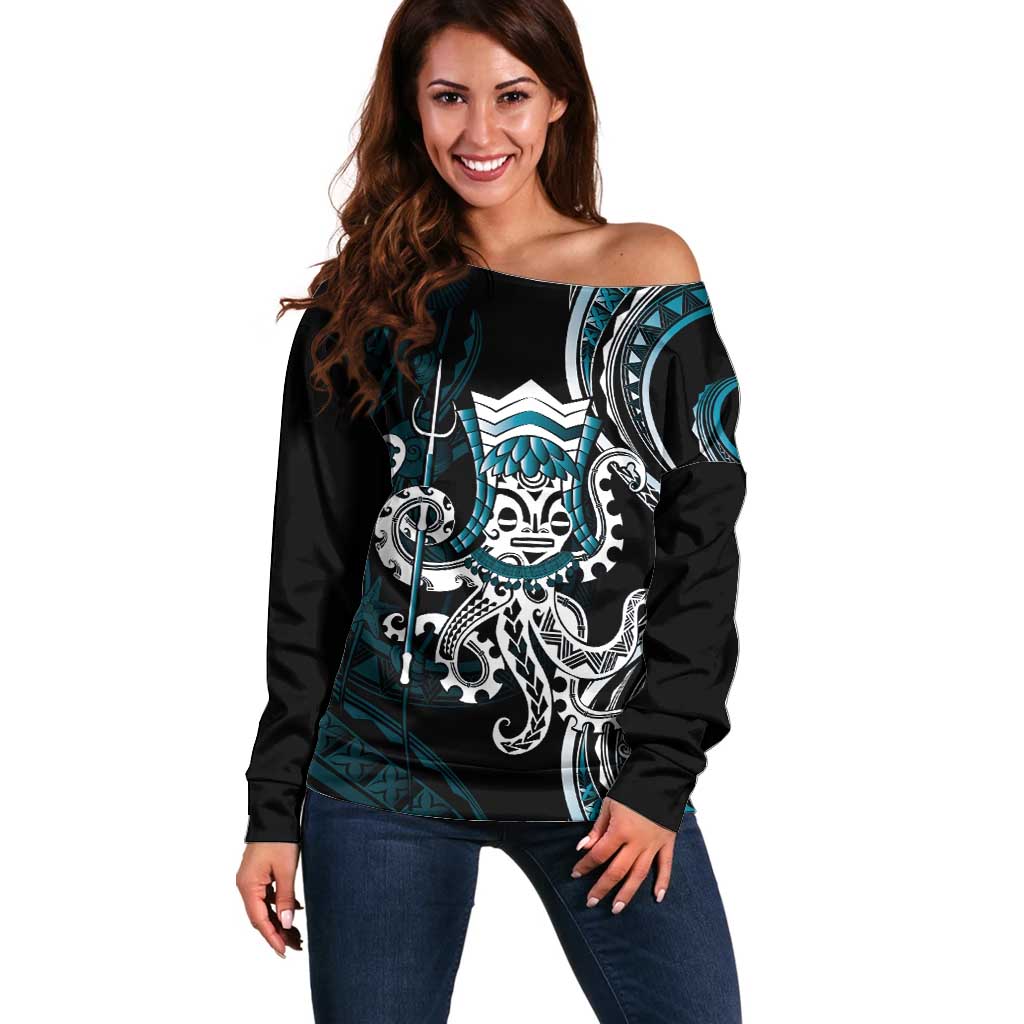 Turquoise Hawaii Kanaloa God Off Shoulder Sweater Hawaiian Octopus