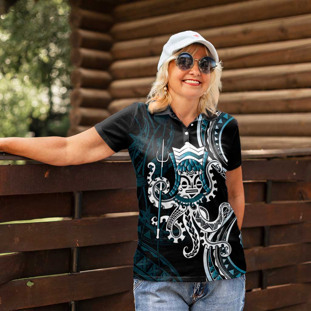 Turquoise Hawaii Kanaloa God Women Polo Shirt Hawaiian Octopus