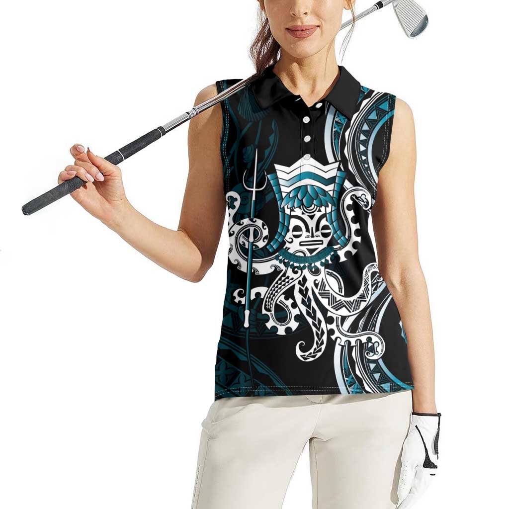 Turquoise Hawaii Kanaloa God Women Sleeveless Polo Shirt Hawaiian Octopus